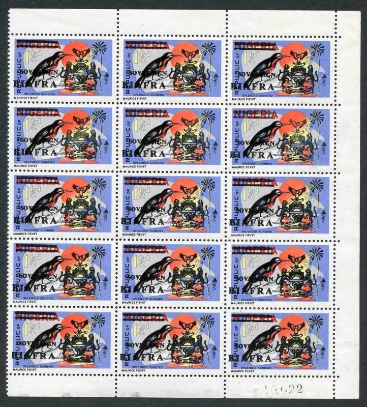 BIAFRA SG6 1968 SOVEREIGN BIAFRA opt 1 1/2 Sunbird block of 15 (3x5) U/M