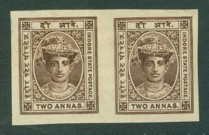 SG 12a Indore 1904-20. 2a brown, imperf pair. Fine mint, full-huge margins...