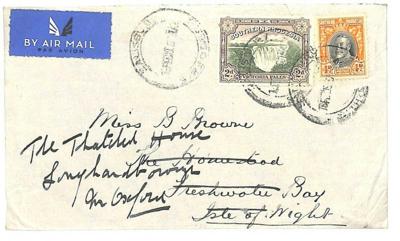 SOUTHERN RHODESIA Cover Unusual 4d+2d Airmail Franking Forwarded GB IOW 1936 U22