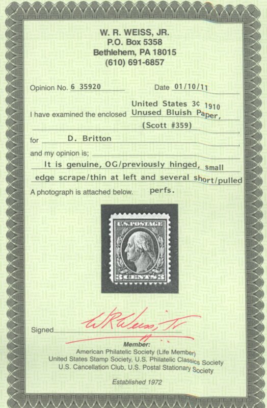 U.S. #359 MINT WITH WEISS CERT