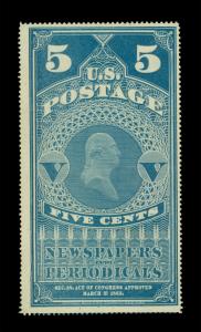 US 1865  NEWSPAPER Stamps  - Washington  5c blue  Scott # PR4 mint MH VF w/Cert.