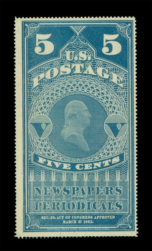 US 1865  NEWSPAPER Stamps  - Washington  5c blue  Scott # PR4 mint MH VF w/Cert.
