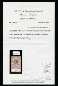 Gibraltar 1925 KGV £5 violet & black (BPA Certificate) MLH. SG 108. Sc 93.
