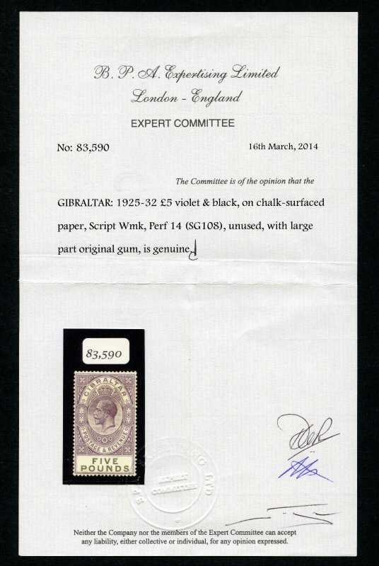 Gibraltar 1925 KGV £5 violet & black (BPA Certificate) MLH. SG 108. Sc 93.