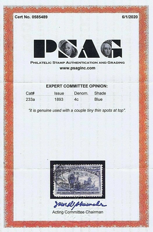 SC# 233a RARE USED 4C FLEET OF COLUMBUS 1893 PTL DOUBLE OVAL CCL 2020 PSAG CE...