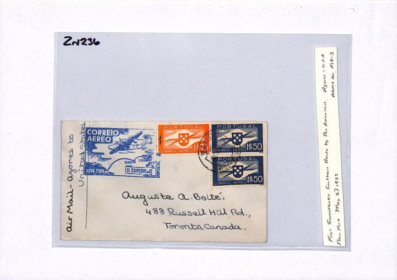 PORTUGAL Air Mail PAN-AM FIRST TRANSATLANTIC FLIGHT Azores CANADA 1939 ZN236