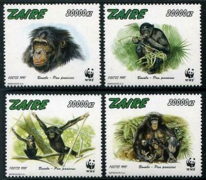 HERRICKSTAMP ZAIRE Sc.# 1466a-d W.W.F. Bonobo Monkey