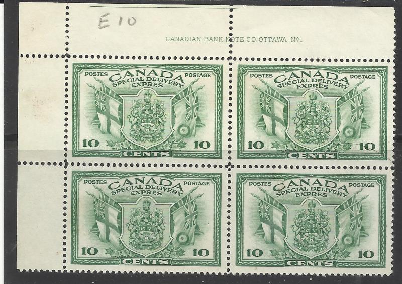 Canada E10 10c Special Delivery Plate Block of 4 MNG VF Pencil ID in selvedge