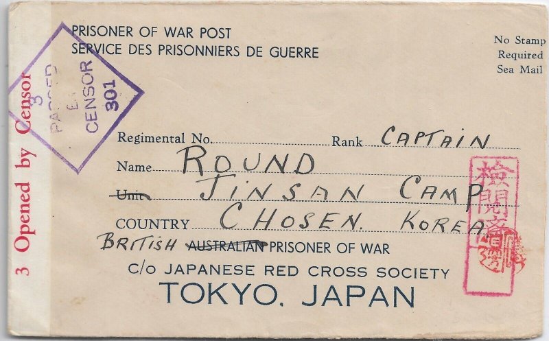 Toorak, Australia to British POW in Jinsan Camp, Korea 194x, Censored (C4777)