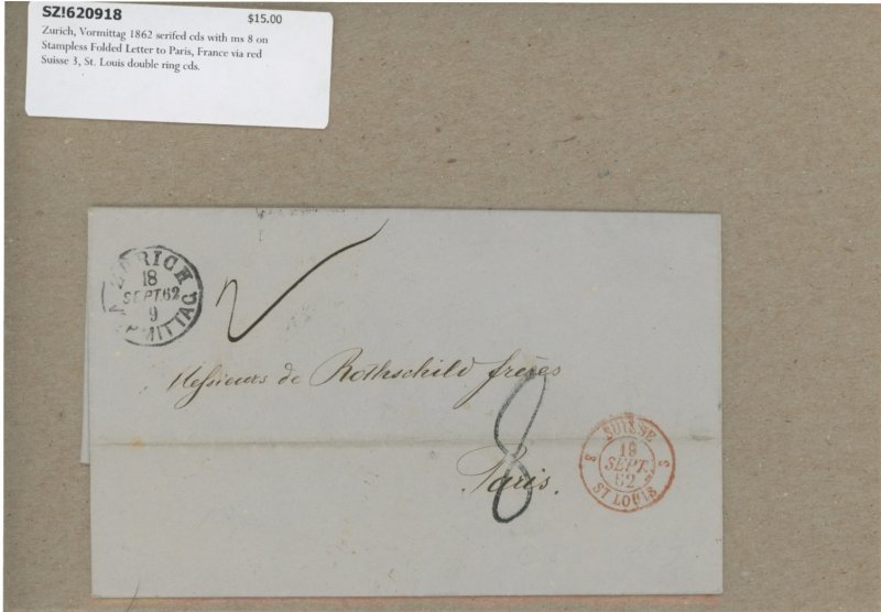 SWITZERLAND  0 SFL  ZURICH TO PARIS FRANCE 1862 ROTHSCHILD  (2746 5.j)