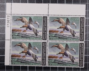 Scott RW49 1982 $7.50 Duck Stamp MNH Plate Block UL 173672 SCV - $60.00