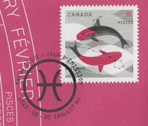 PISCES: THE FISH, Sign of the ZODIAC = single stamp Official FDC Canada 2013