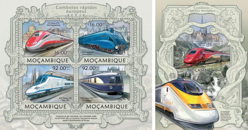 Speed Trains Züge Locomotives Railways TGV Transport Mozambique MNH stamp set