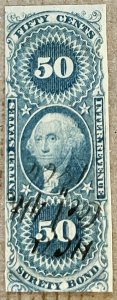 US R63a / 1862-71 50c Blue GW Internal Revenue Surety Bond, Imperf, Used