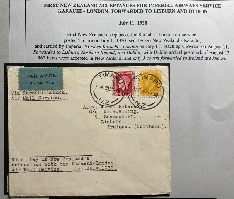 1930 Timaru New Zeland First Flight Airmail Cover To Lisburn Ireland 3 Known