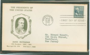 US 820 1938 15c James Buchanan (presidential/prexy series) single on an addressed first day cover.