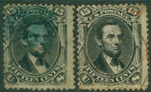 EDW1949SELL : USA 1866 Scott #77. 2 stamps. Used with color cancels. Cat $415.00