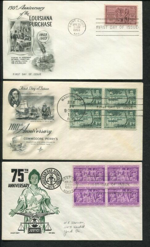 1953 United States Commemoratives First Day Cover Set of 12 - Stamps #1017-1028