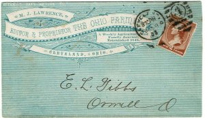 1885 Cleveland, OH duplex cancel on ad cover for the Ohio Farmer publication