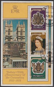 Penrhyn 1978 used Sc #104d Souvenir sheet of 3 QEII 25th anniversary Coronation