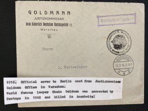 1916 Warsaw Poland Goldmann Justizkommissar Official cover to Berlin Germany