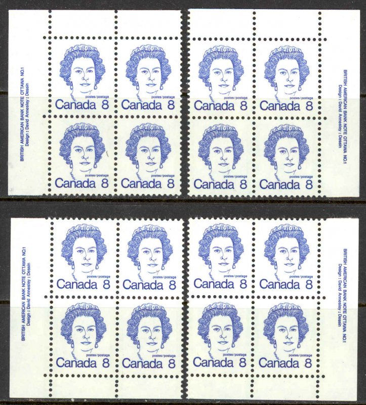 Canada Sc# 593ix MNH PB Set/4 HF (Plate 1) 1973 8c Queen Elizabeth II