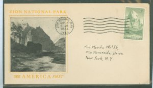 US 747 1934 8c Zion single on an addressed FDC with an unknown cachet maker.