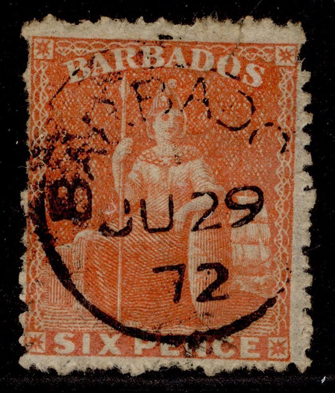 BARBADOS QV SG50, 6d orange-vermilion, USED. Cat £30. CDS WMK small star