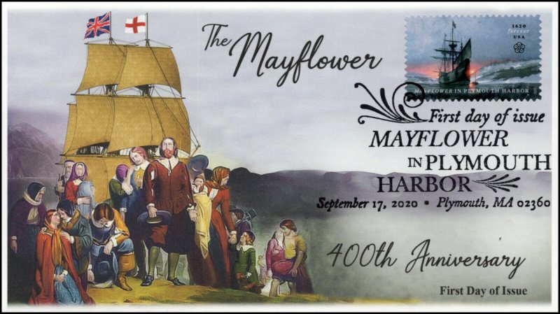 20-235 SC 5524, 2020, Mayflower in Plymouth Bay, FDC, Pictorial Postmark, 400th 