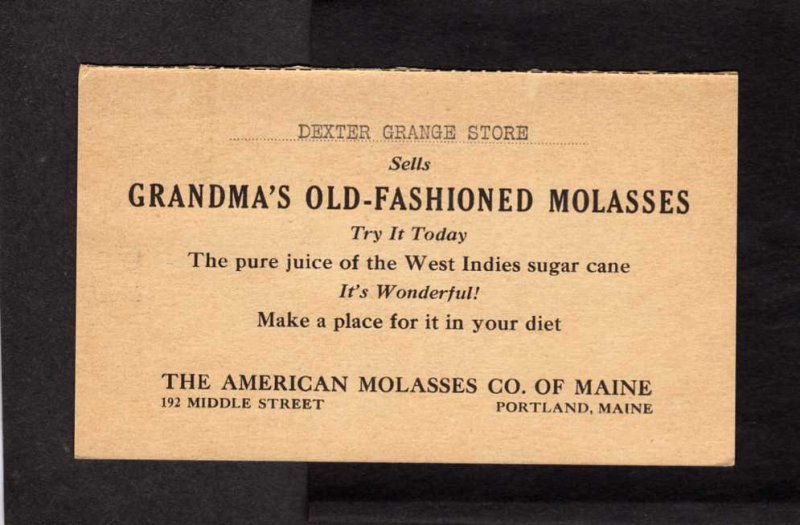 ME American Molasses Co Portland Maine Advertising Card Dexter Grange Store 1932