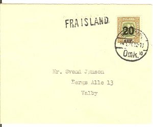 Iceland #133, 1921-25 cover franked with surcharged 20a on 25a canc. Reykjavi...