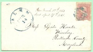 3/14/1863 cover Salem Civil War Period stamp #65 Lydia Blue Hunter Wisesburg, MD