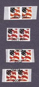 Pairs 37c Flag US 3622 (1), 3631 (1), 3632 (3) 3633 (2) Lot 7 MNH F-VF
