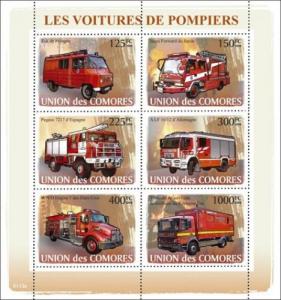 COMORES 2008 SHEET VOITURES POMPIERS FIREFIGHTERS FIRE ENGINES TRUCKS cm8113a