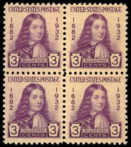 US Sc 724 VF/MNH BLOCK of 4 - 1932 3¢ - William Penn at Age 22 - See Scan