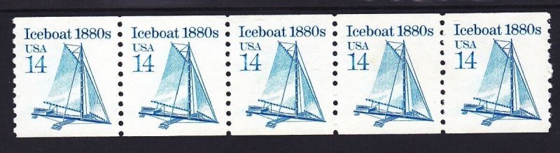 US 2134 MNH 1985 14¢ Iceboat 1880s Transportation Coil Strip of 5
