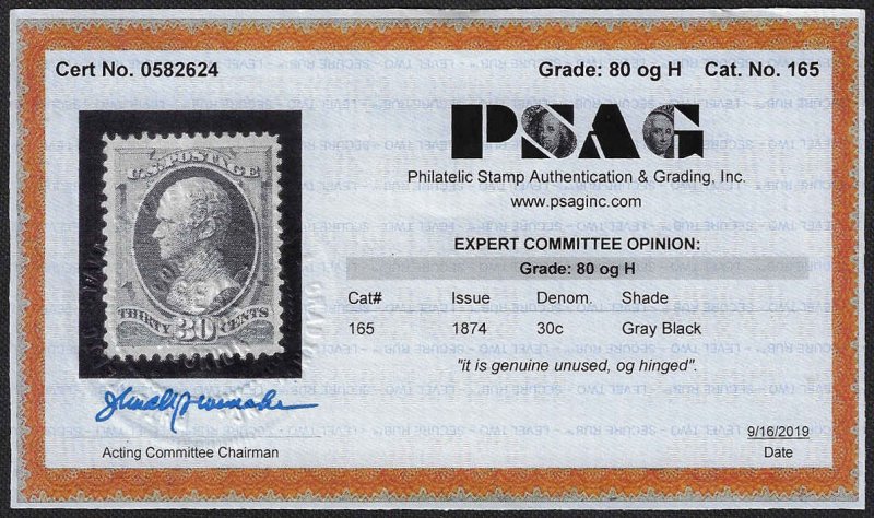 U.S. #165 Unused OG H; 30c Hamilton (1873) - PSAG Certificate w/ 80 grade