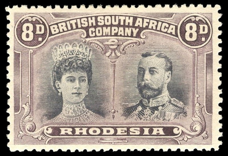 Rhodesia 1910 Double Head 8d perf 13½ 'GASH IN EAR' variety MLH. SG 185a var.
