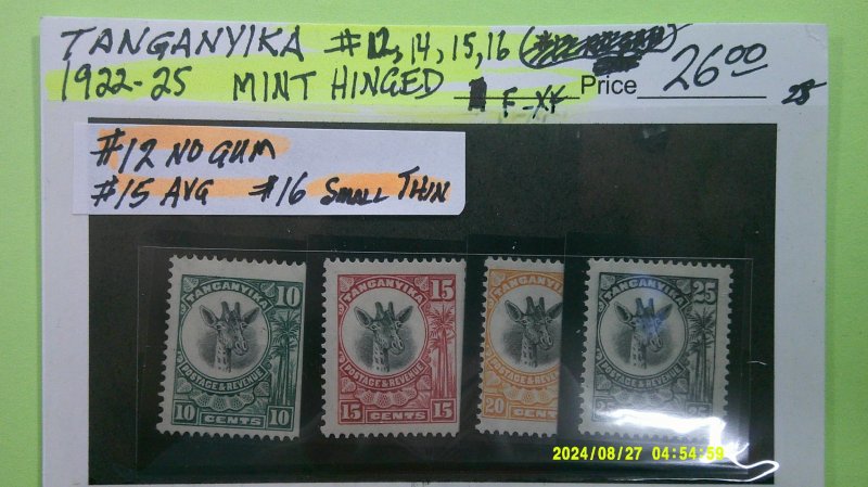 Tanganyika 1922-1925 Scott# 12, 14, 15, 16 Mint Hinged (#12 No Gum) F-VF-XF