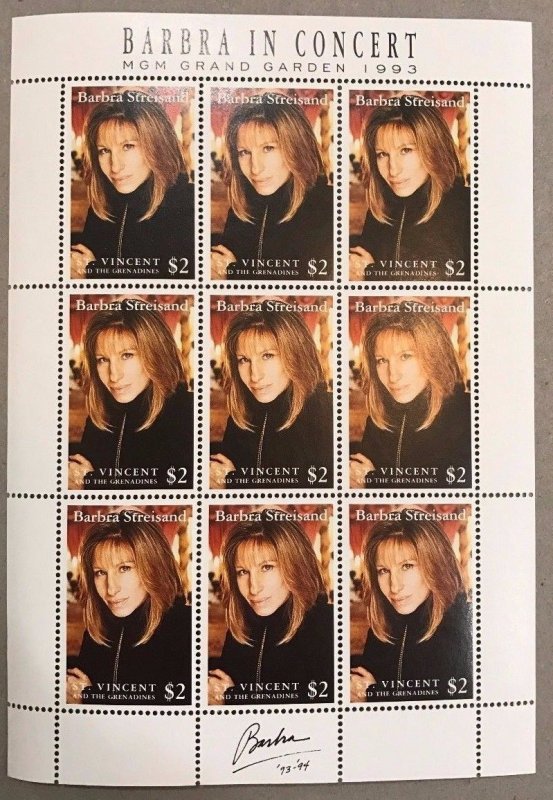 St. Vincent 1994 - SC# 2011 Barbra Streisand in Concert, Sheet of 9 Stamps - MNH