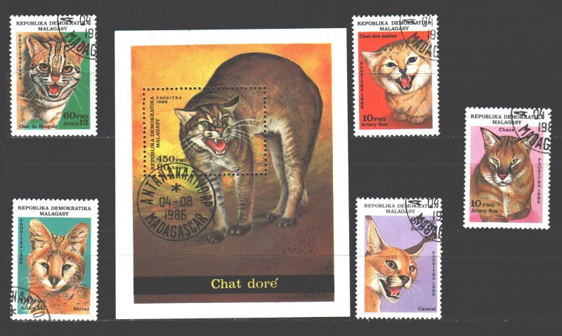 Madagascar. 1986. 1028-32, bl35. Wild cats. USED. 