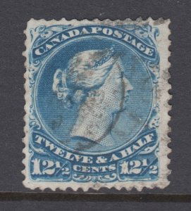 Canada Sc 28 used. 1868 12½c blue Queen, large deep thin, F-VF appearing.