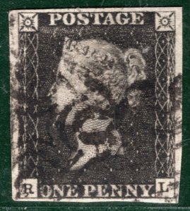 GB PENNY BLACK QV 1840 SG.2 1d Plate 8 (RL) *RE-ENTRY* AS49a Cat £625 REDB25