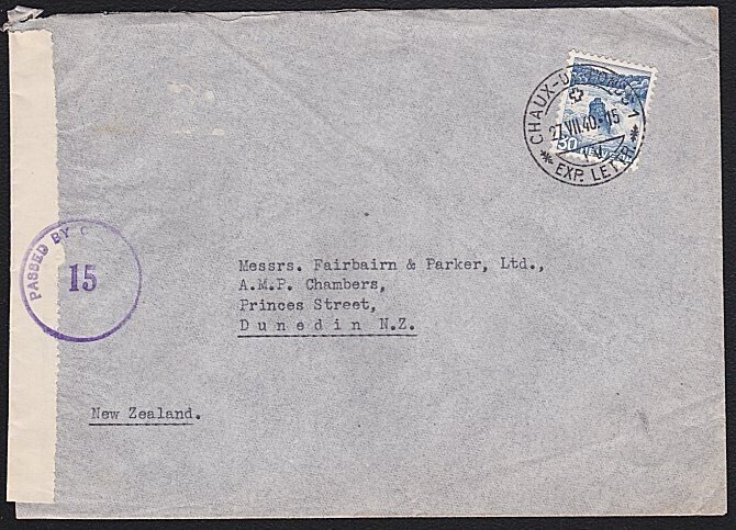 SWITZERLAND 1940 cover to New Zealand with NZ censor mark & tape...........B6907