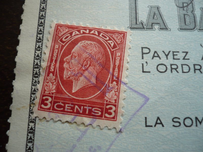 Canada - Revenue - KGV Medallion Issue stamp on Cheque dated 1935