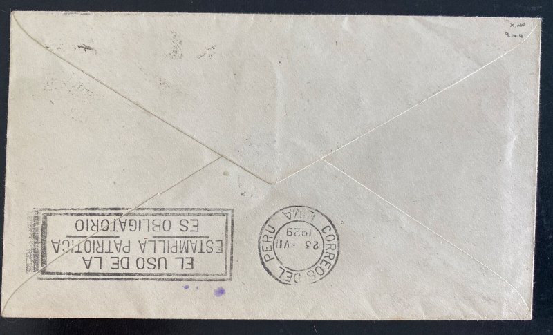 1929 Santiago Chile First Flight Airmail Cover to Lima Peru Can Grace Airways