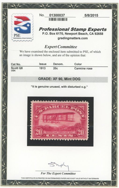 USA Q8 - 20 cent Parcel Post - PSE Graded Cert: XF 90 Mint D.O.G.