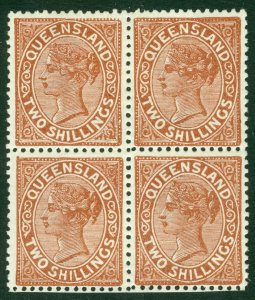 SG 198 Queensland 1890. 2 pale brown. Lightly mounted mint block of 4 CAT