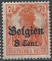 Belgium N13 (mhr, dg) 8c on 7½pf Germania ovptd Belgien, org (1916)