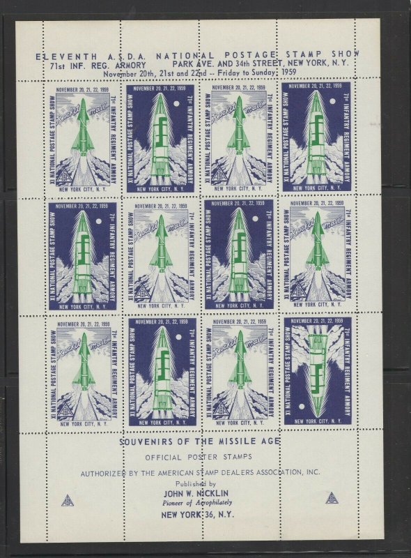 ASDA sheet of 12 Missile Age Poster stamps in green for 1959  Stamp Expo - P